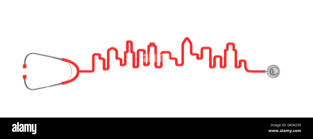 Skyline von Stethoskop / 3D Illustration des Stethoskop-Schlauch bilden die Skyline der Stadt Stockfoto