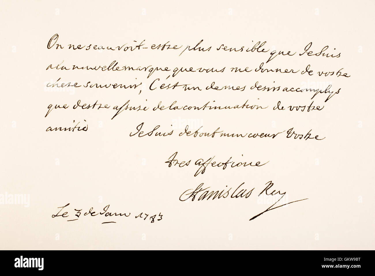 Stanisław II August, aka Stanisław August Poniatowski, 1732 – 1798.  König von Polen.  Hand-Schriftprobe und Unterschrift. Stockfoto