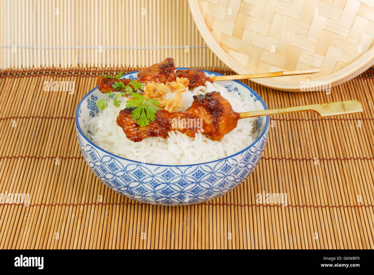 Auf Holzkohle gegrillte Satay begleitet mit Reis Stockfoto