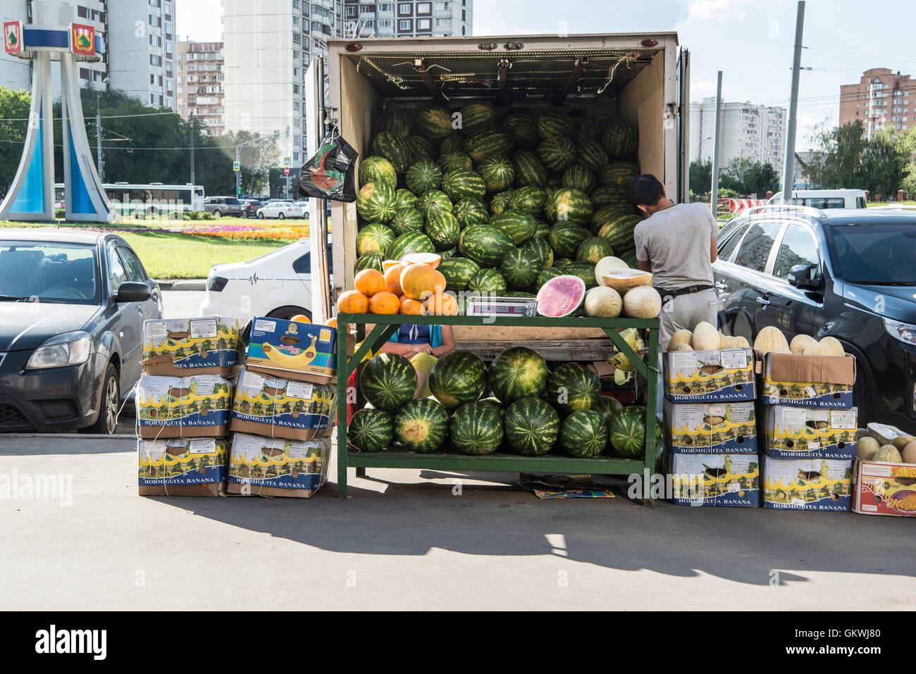 Obstverkäufer in Novokosino Bezirk in Moskau Stockfoto