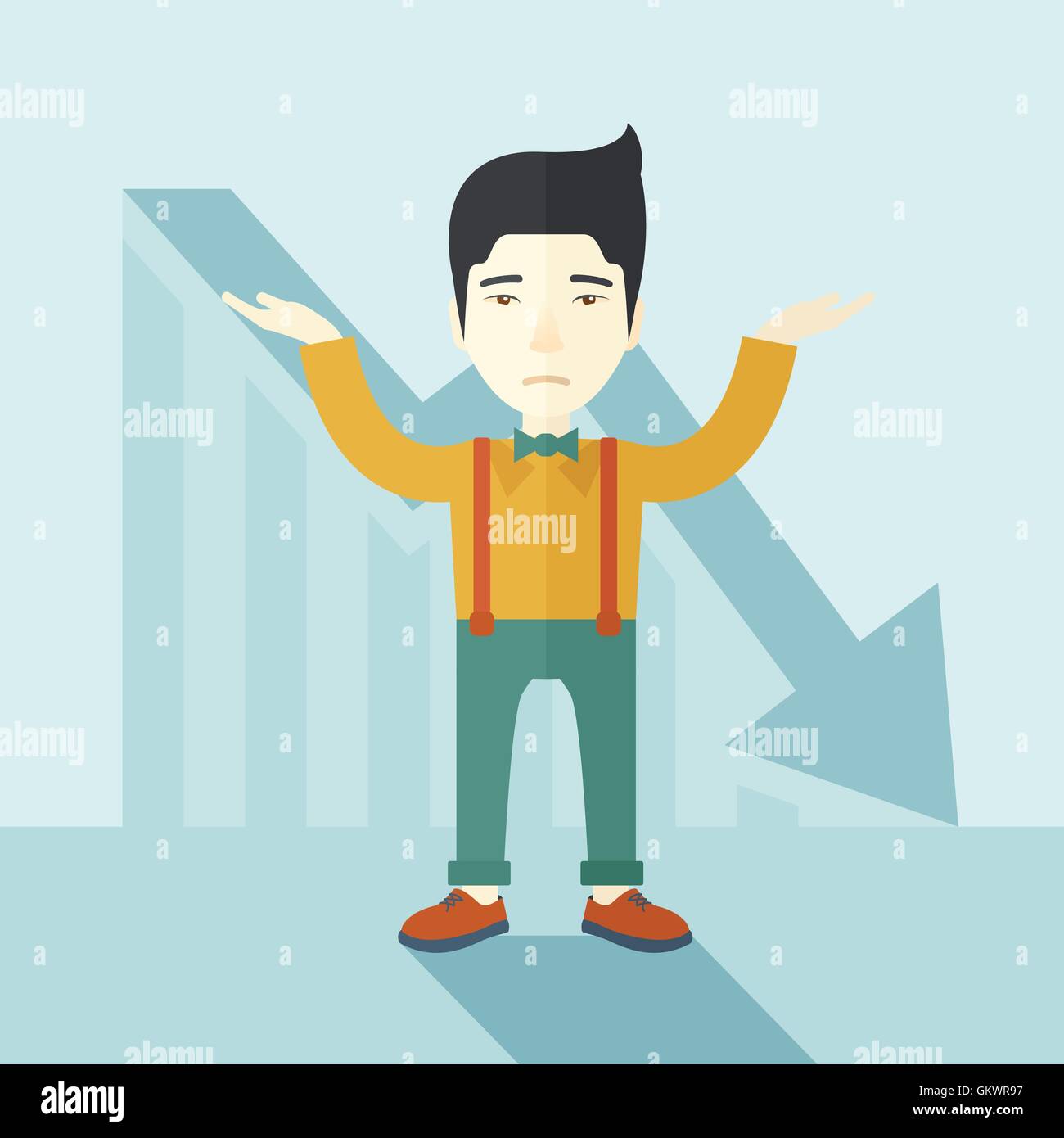 Kerl seine Arme mit Pfeil nach unten Diagramm. Stock Vektor