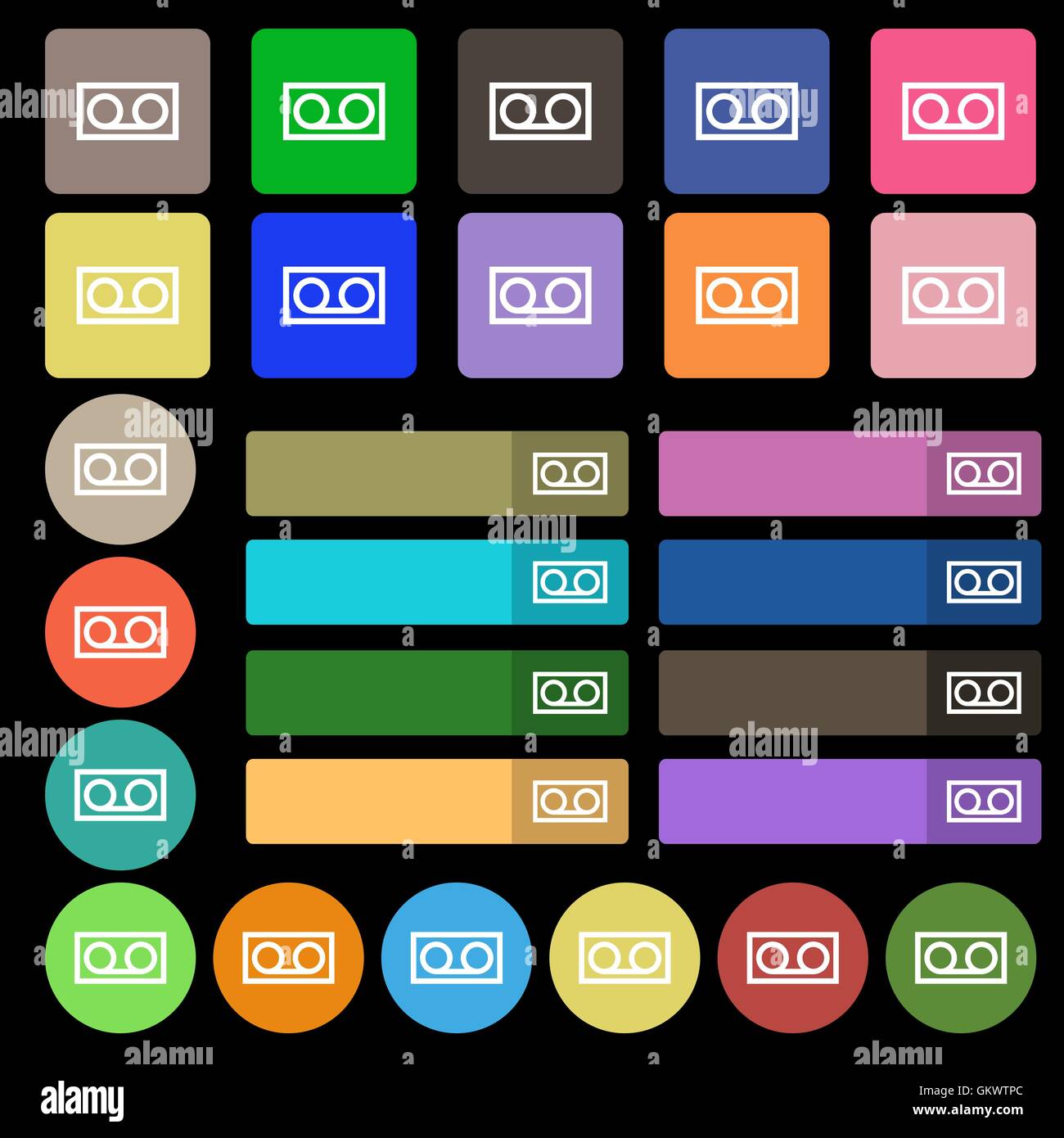 Audio-Kassette Symbol Zeichen. Eingestellt von siebenundzwanzig mehrfarbige flache Schaltflächen. Vektor Stock Vektor