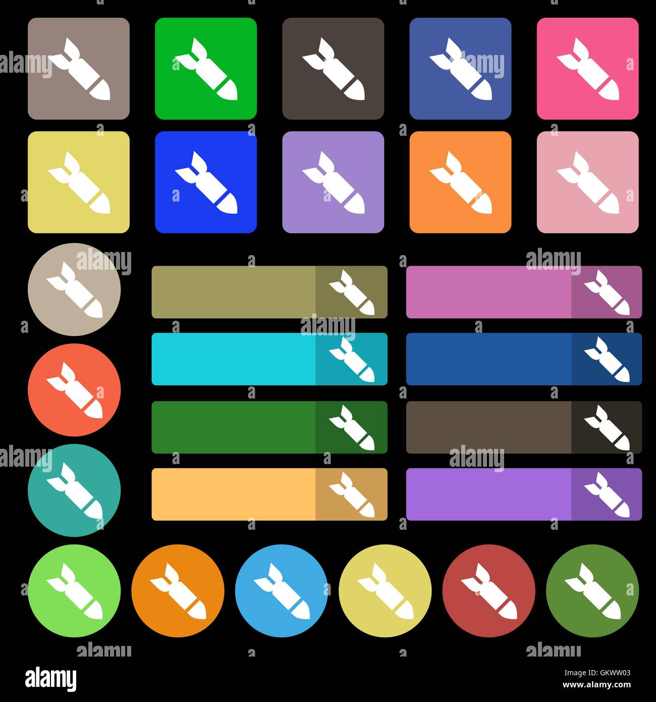 Rakete, Rakete Waffe Symbol Zeichen. Eingestellt von siebenundzwanzig mehrfarbige flache Schaltflächen. Vektor Stock Vektor