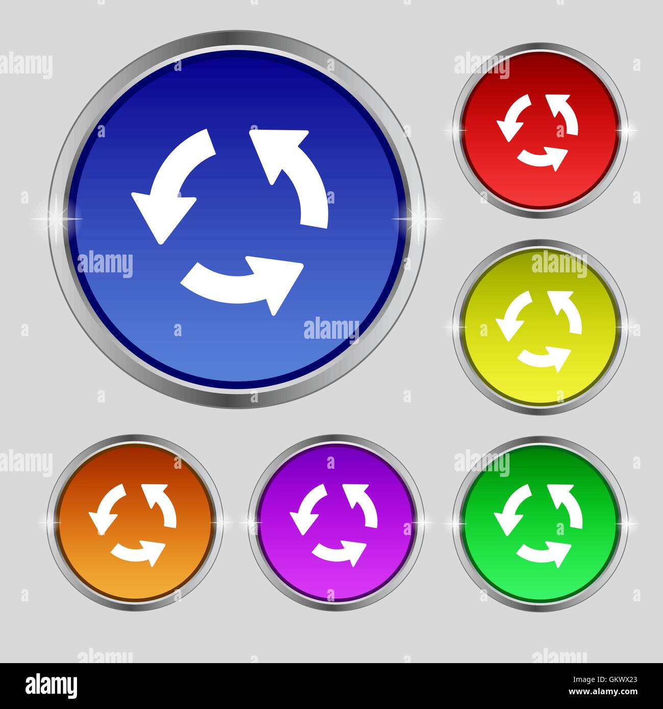 Aktualisieren Sie Symbol Zeichen. Rundes Symbol auf hellen bunten Knöpfen. Vektor Stock Vektor