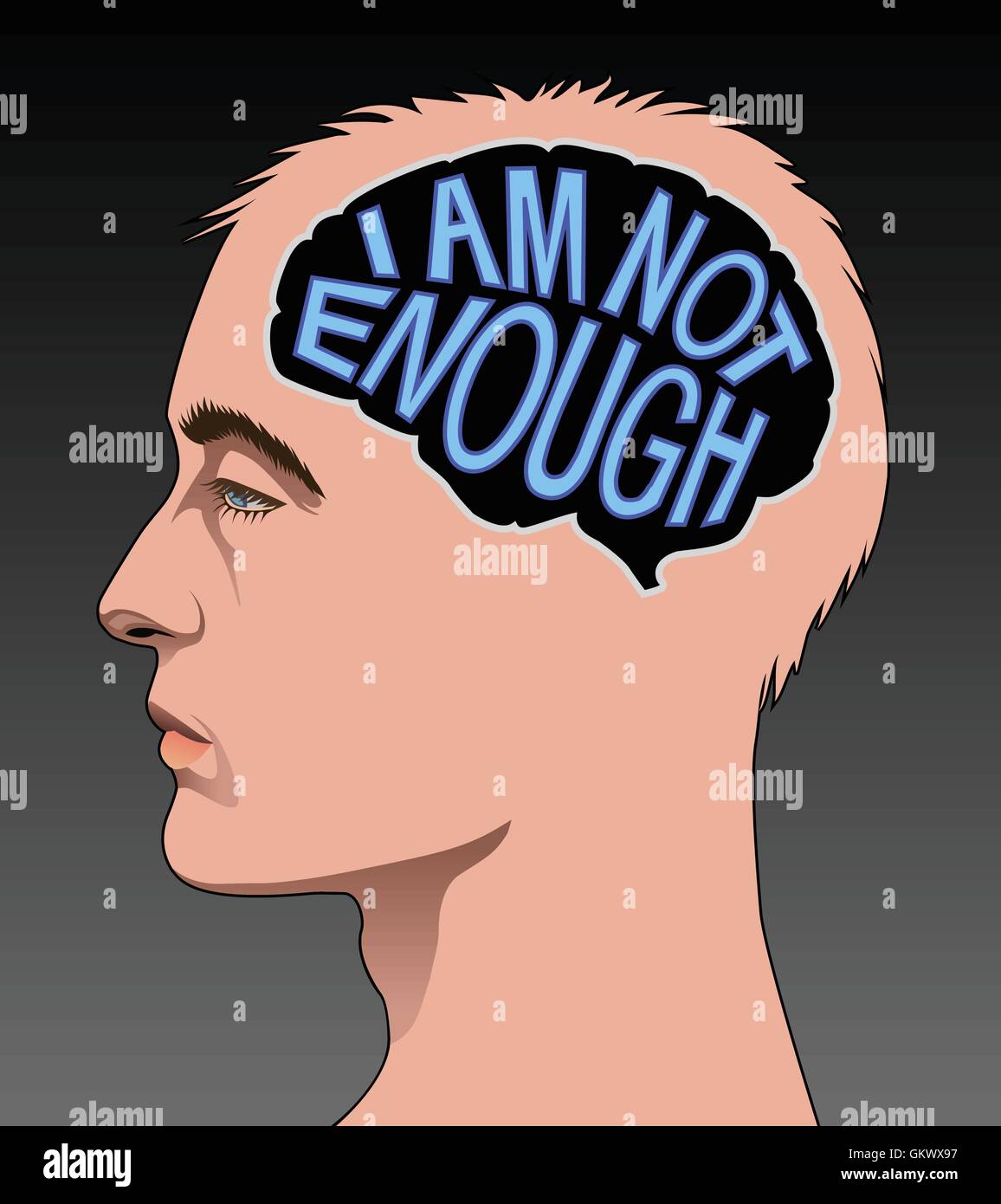 Männliche Profil mit einem Gehirn, bestehend aus den Worten "Ich bin nicht genug" zur Veranschaulichung geringes Selbstwertgefühl. Stock Vektor