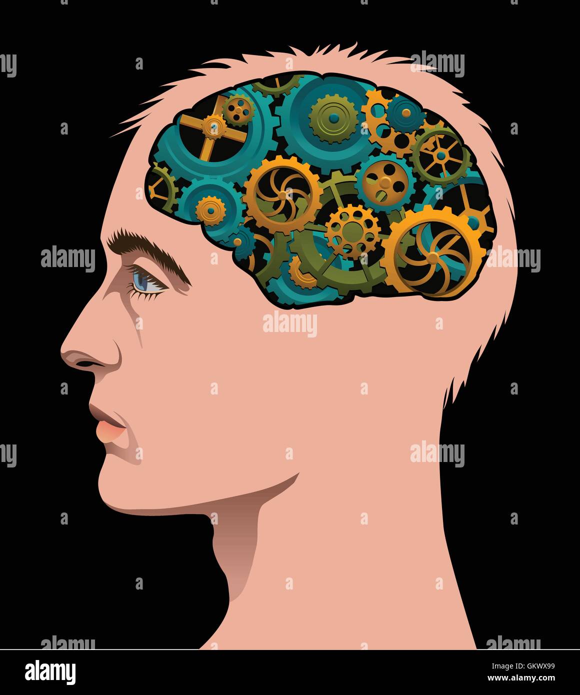 Profil eines Mannes zeigt sein Gehirn mit Rädchen drehen. Stock Vektor