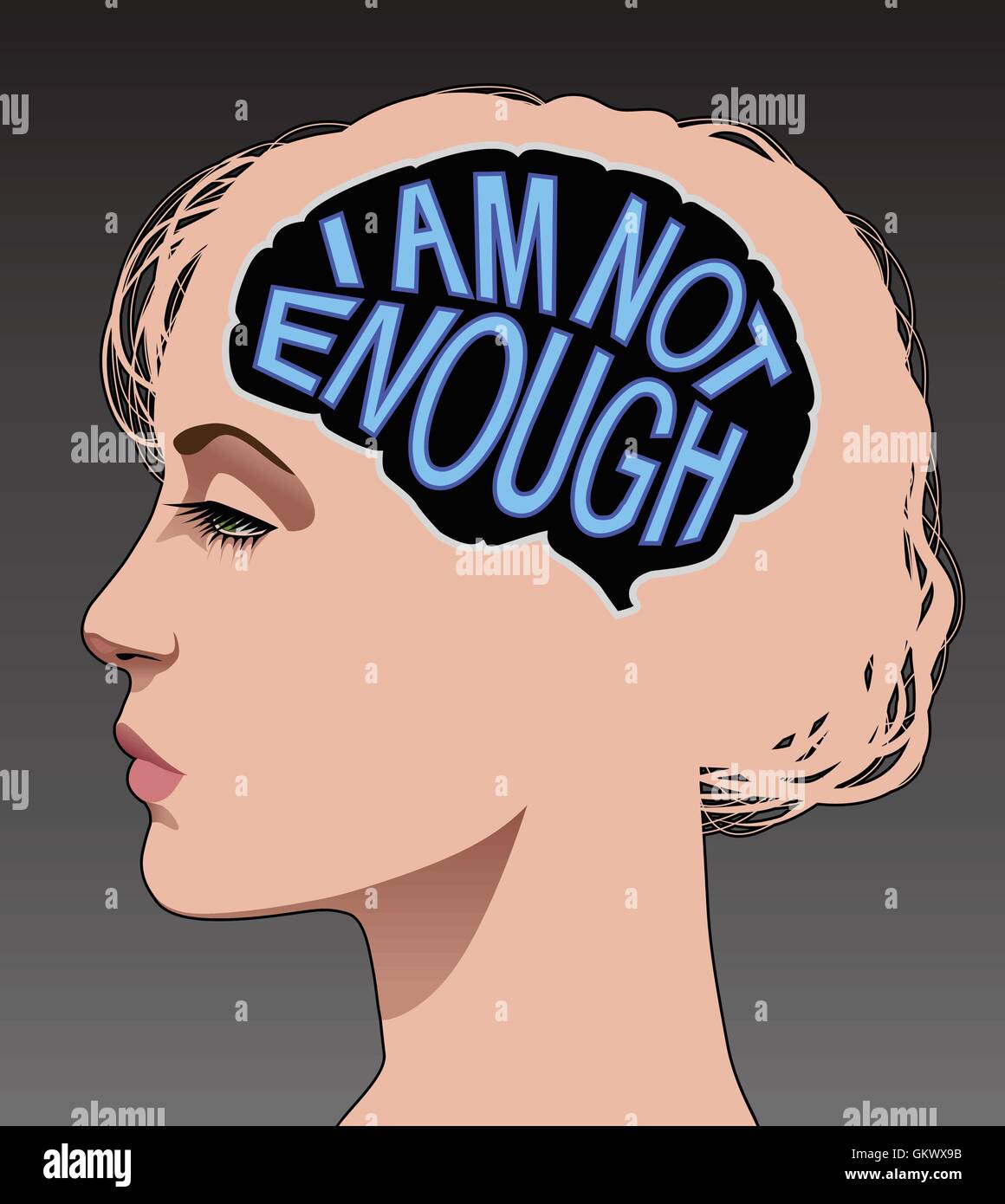Weibliche Profil mit einem Gehirn, bestehend aus den Worten "Ich bin nicht genug" zur Veranschaulichung geringes Selbstwertgefühl. Stock Vektor
