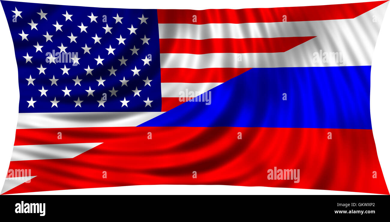 Amerikanische und russische Flaggen zusammen wehten im Wind, die isoliert auf weißem Hintergrund. Amerikanischen Nationalflagge. Russische Nationalflagge. Stockfoto