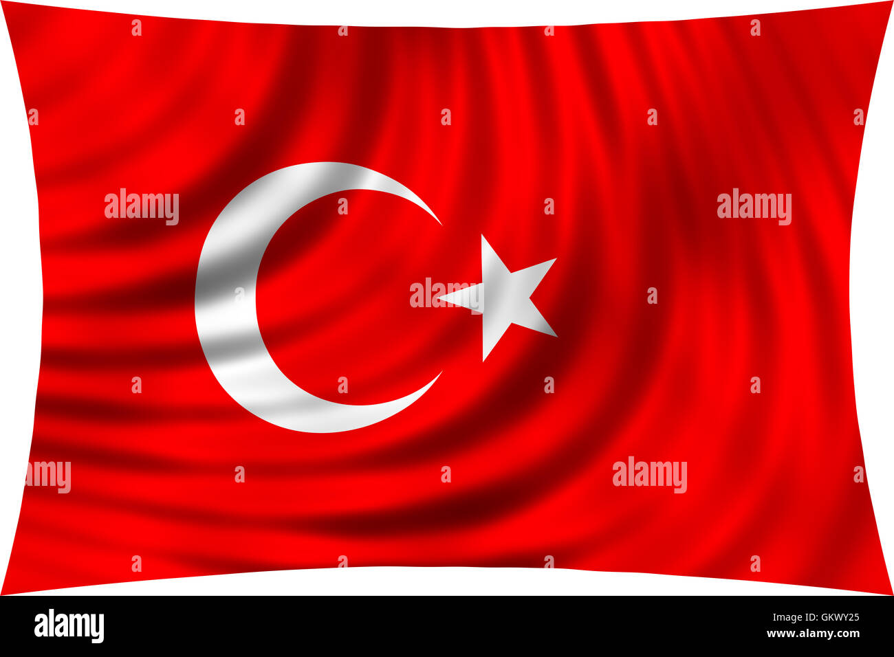 Flagge der Türkei wehenden Wind isoliert auf weißem Hintergrund. Türkische Flagge. Patriotische symbolische Gestaltung. 3D gerendert Stockfoto