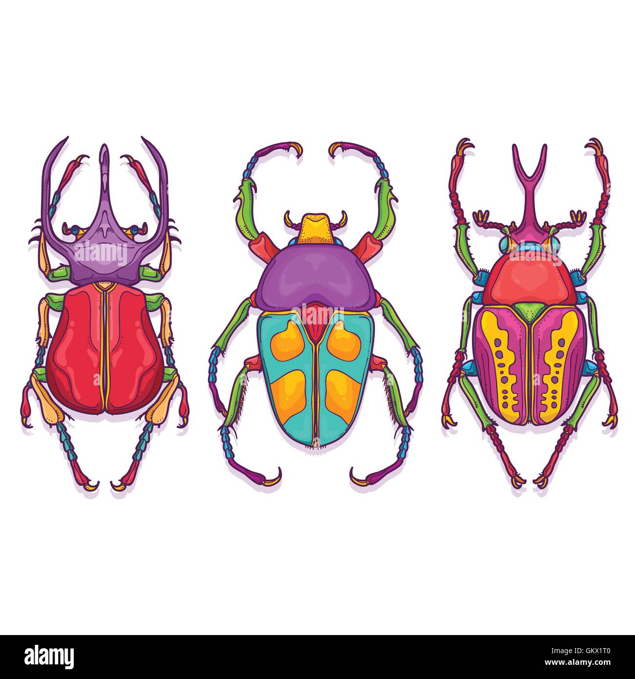 Vektor-Illustration von Insekten bunte Hand gezeichnet. Satz von 3 Beetle Bugs Draufsicht Stock Vektor