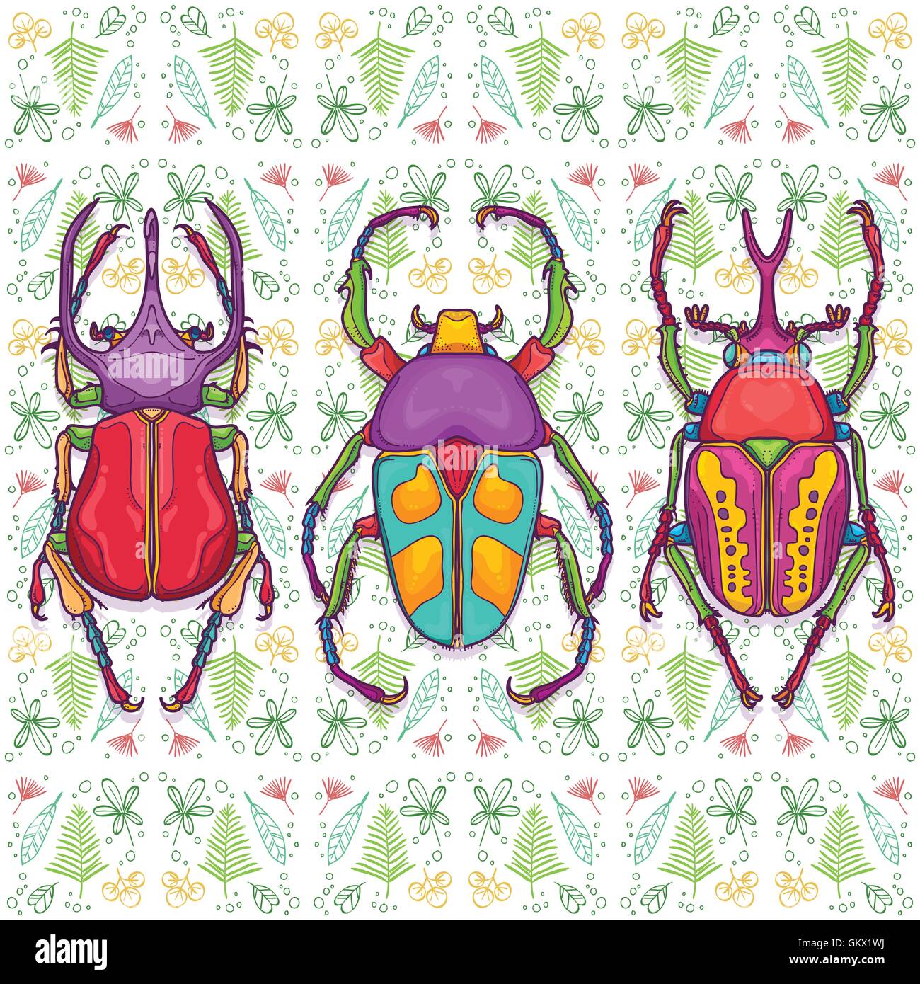 Vektor-Illustration von Insekten bunte Hand gezeichnet. Satz von 3 Beetle Bugs Draufsicht auf endlose Blatt Hintergrund Stock Vektor