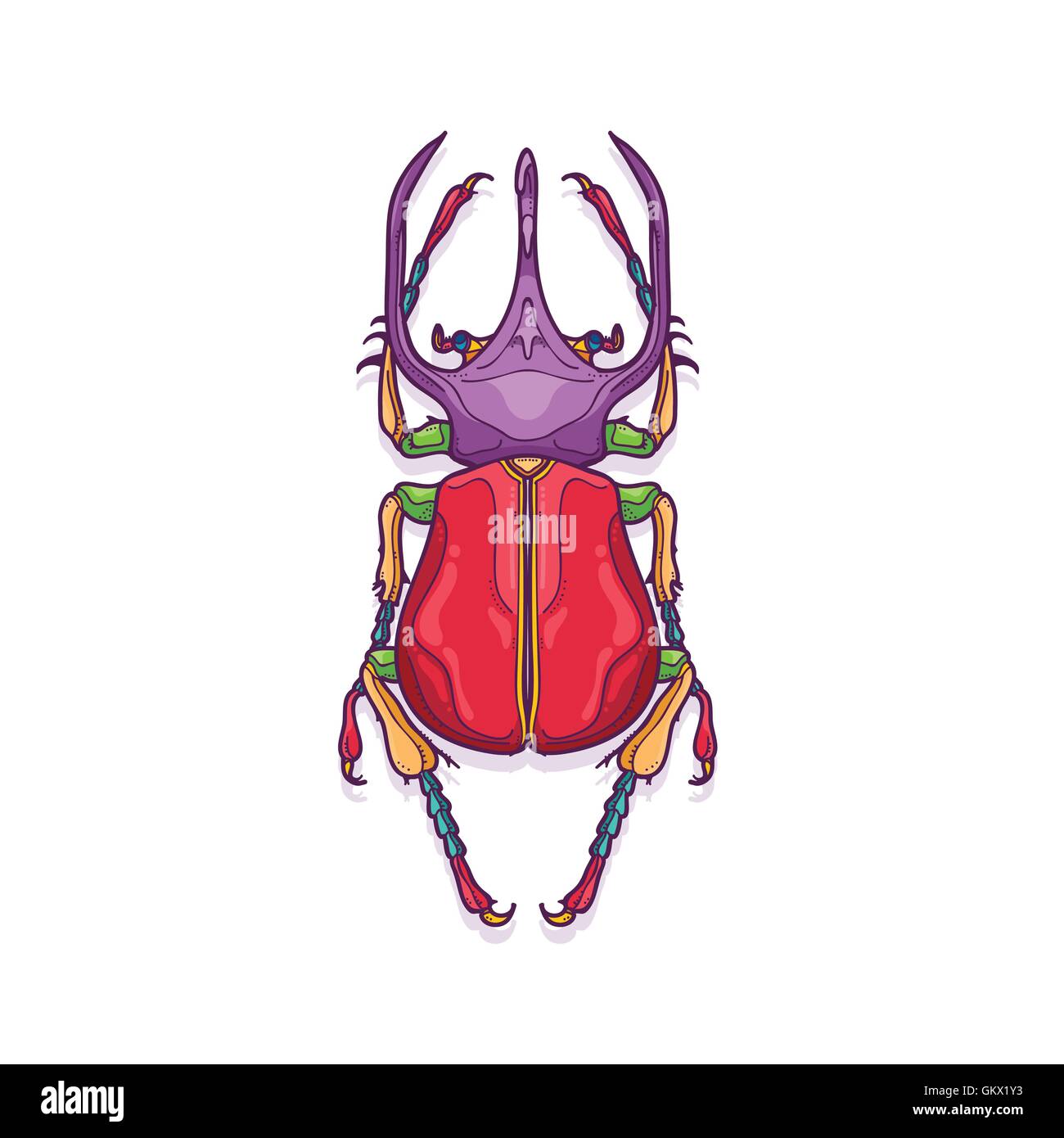Vektor-Illustration von bunten Big Horn Beetle Bug Insekten wie von Hand gezeichnet, Chalcosoma Atlas Stock Vektor