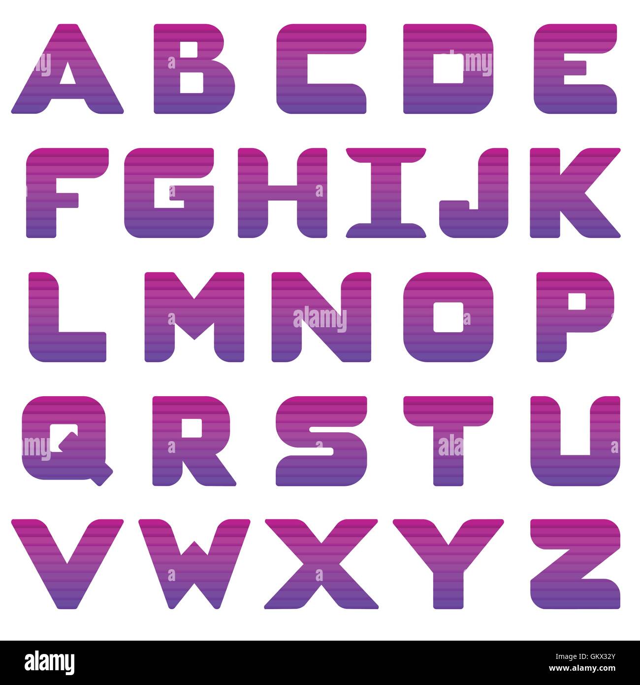 Alphabet in Großbuchstaben mit lila Farbverlauf und horizontale Schatten. Isoliert. Weißen Hintergrund. Stock Vektor