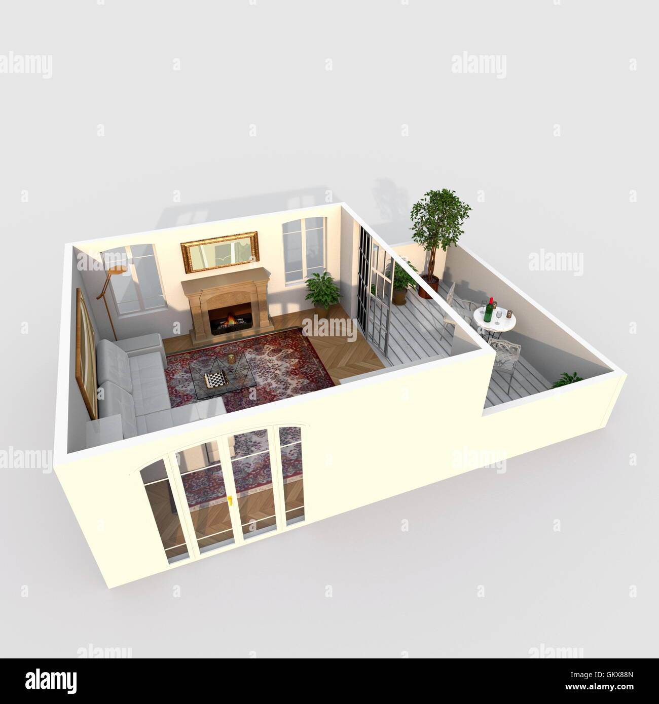 Innenraum-Rendering Perspektive 3D-Ansicht Wohnung möbliertes Wohnzimmer mit Kamin Stockfoto
