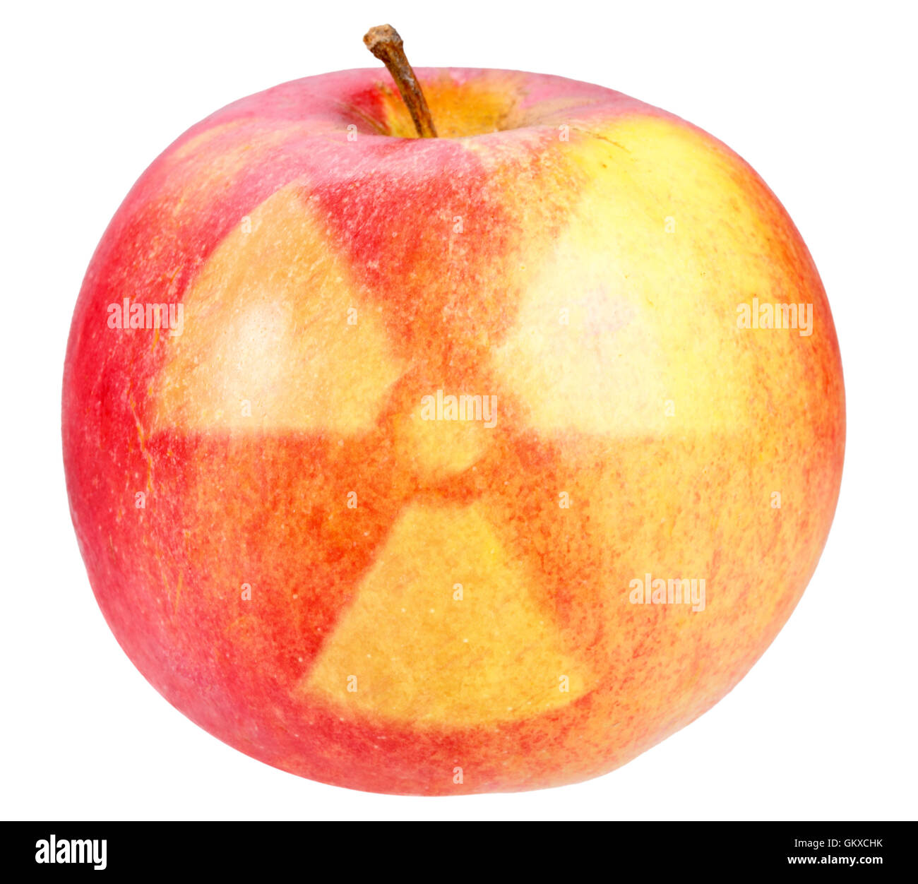 Roter Apfel mit Zeichen der nukleare Gefahr Stockfoto