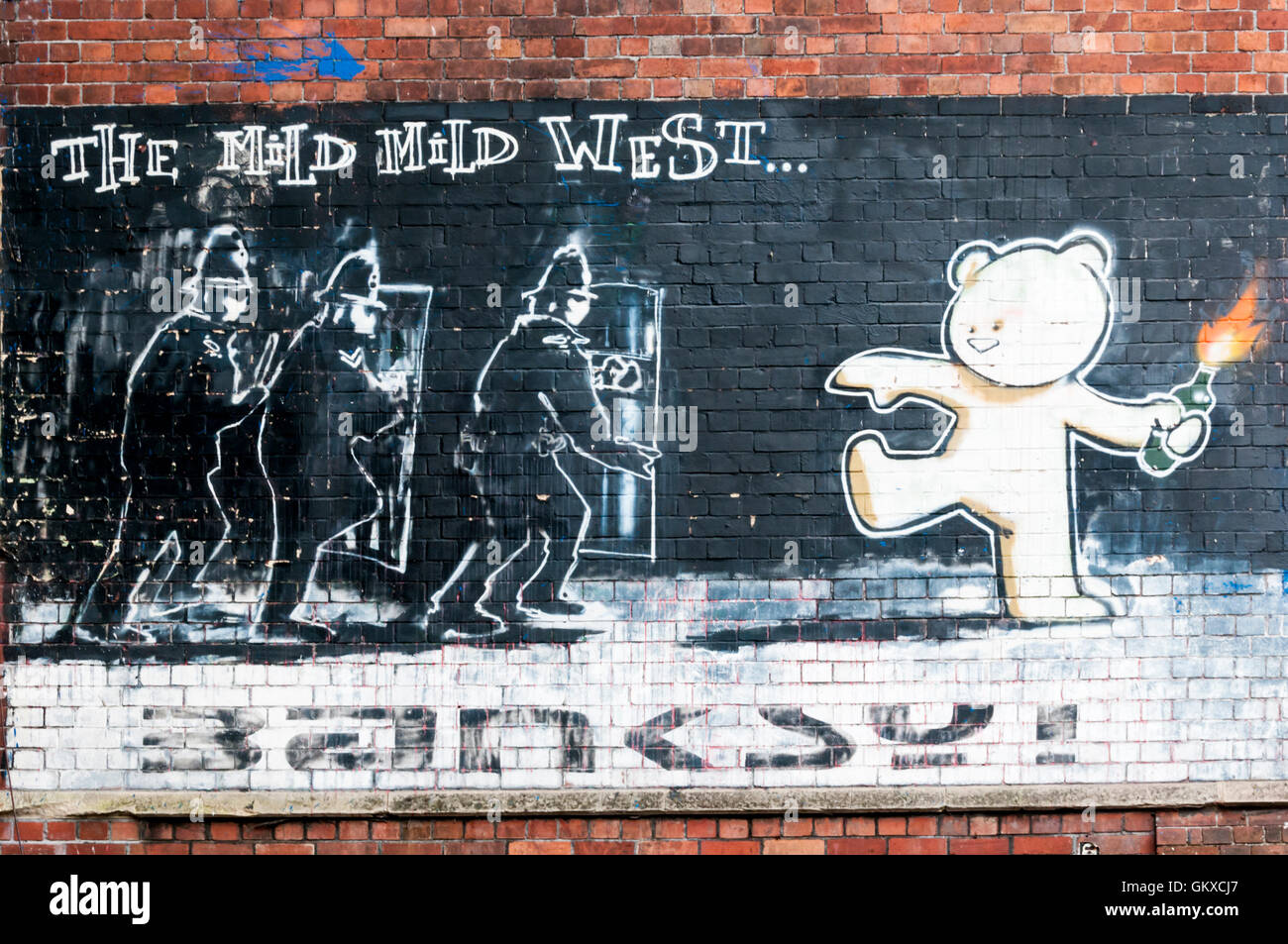 Milde Milde Westen Graffiti von Banksy im Bereich Stokes Croft von Bristol. Stockfoto