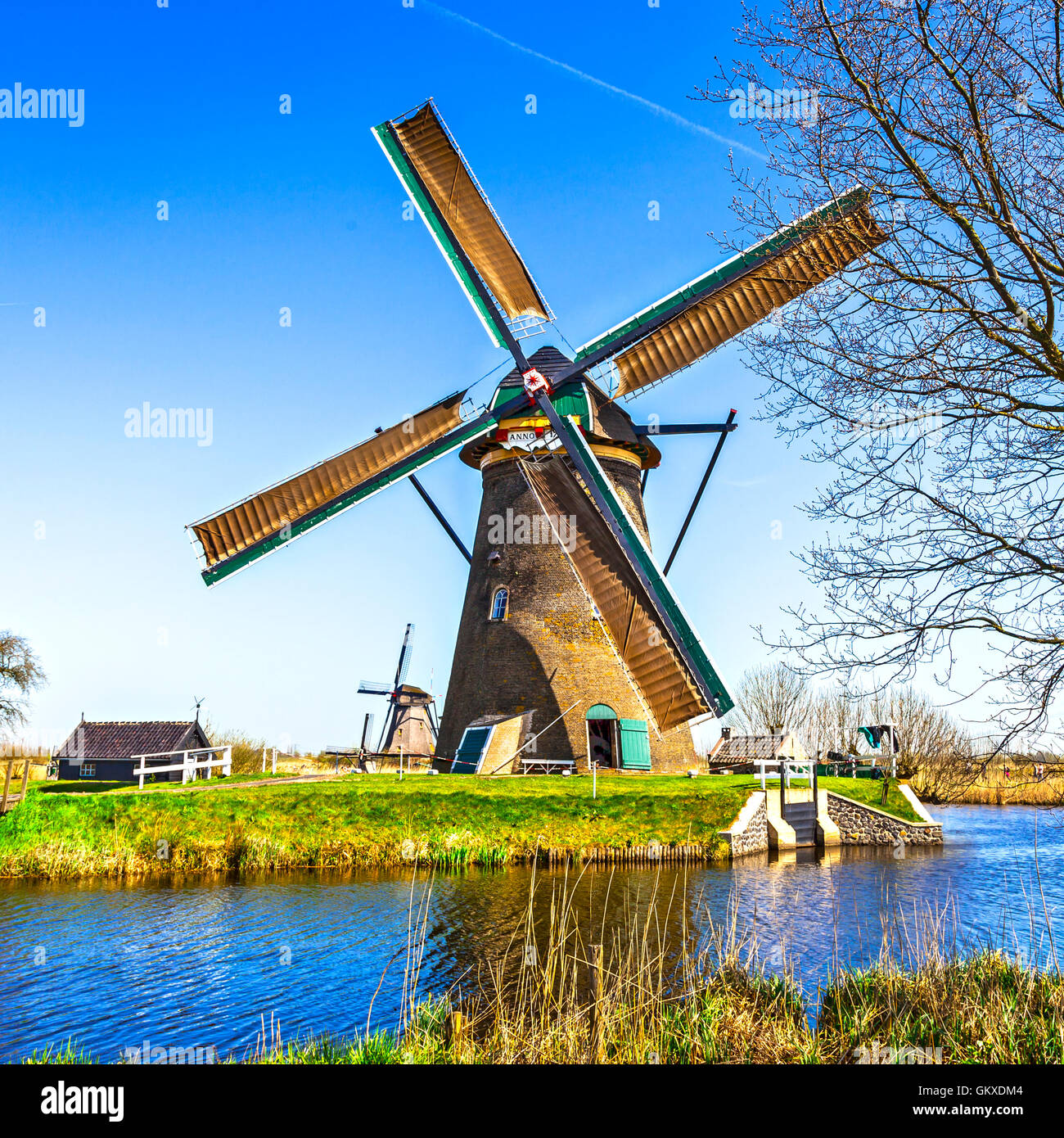 traditionelle Holland Landschaft - Windmühlen von Kinderdijk Stockfoto