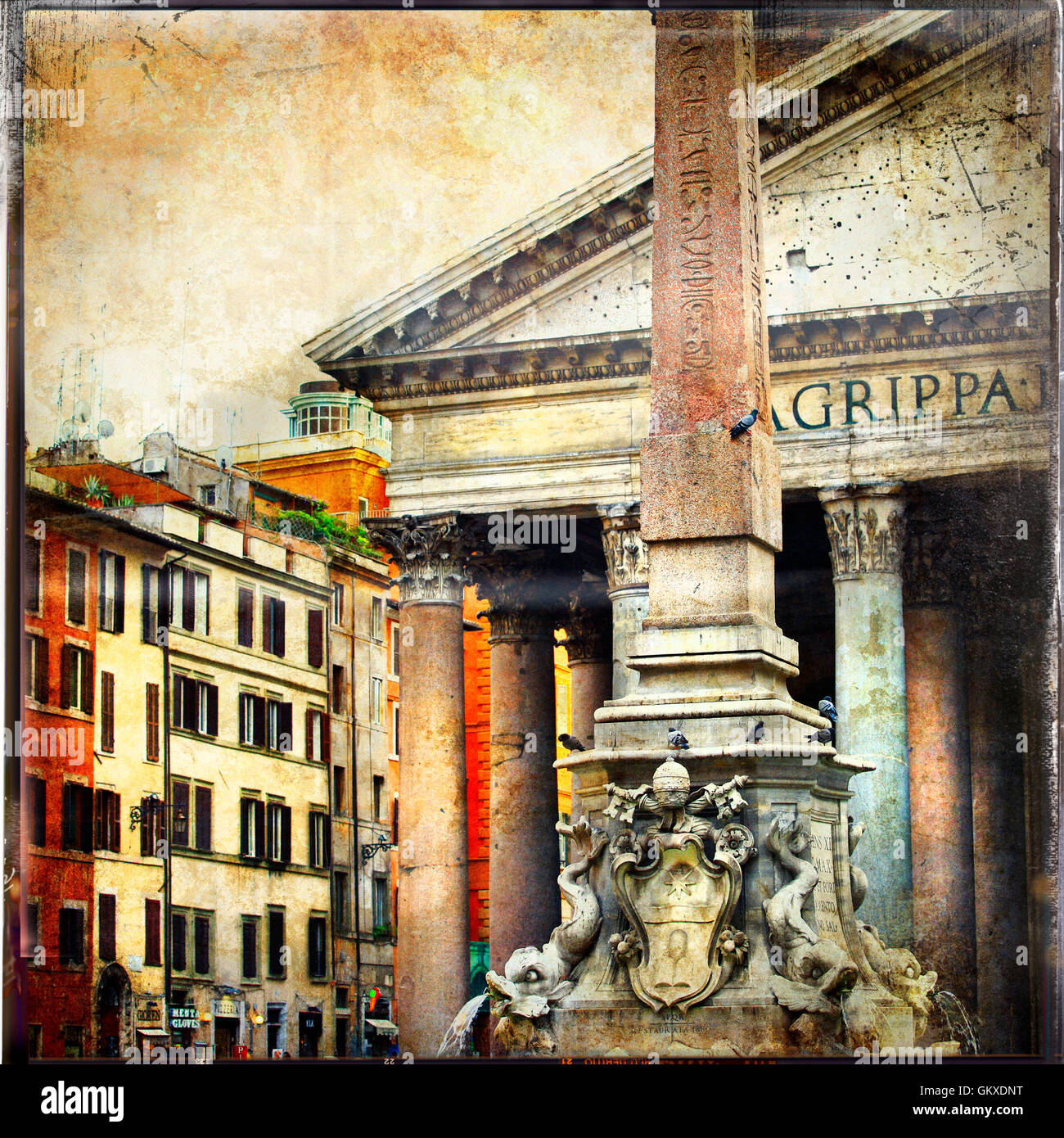 Beeindruckende Pantheon, schöne Monument in Rom, Italien. Künstlerische Bild im Retro Style. Stockfoto