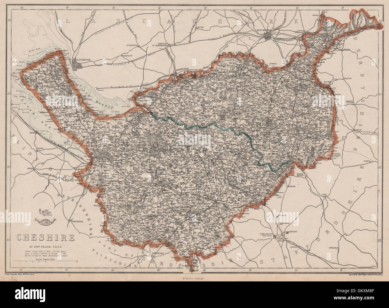 CHESHIRE. Antike Landkarte county. Eisenbahnen. WELLER, 1863 Stockfoto