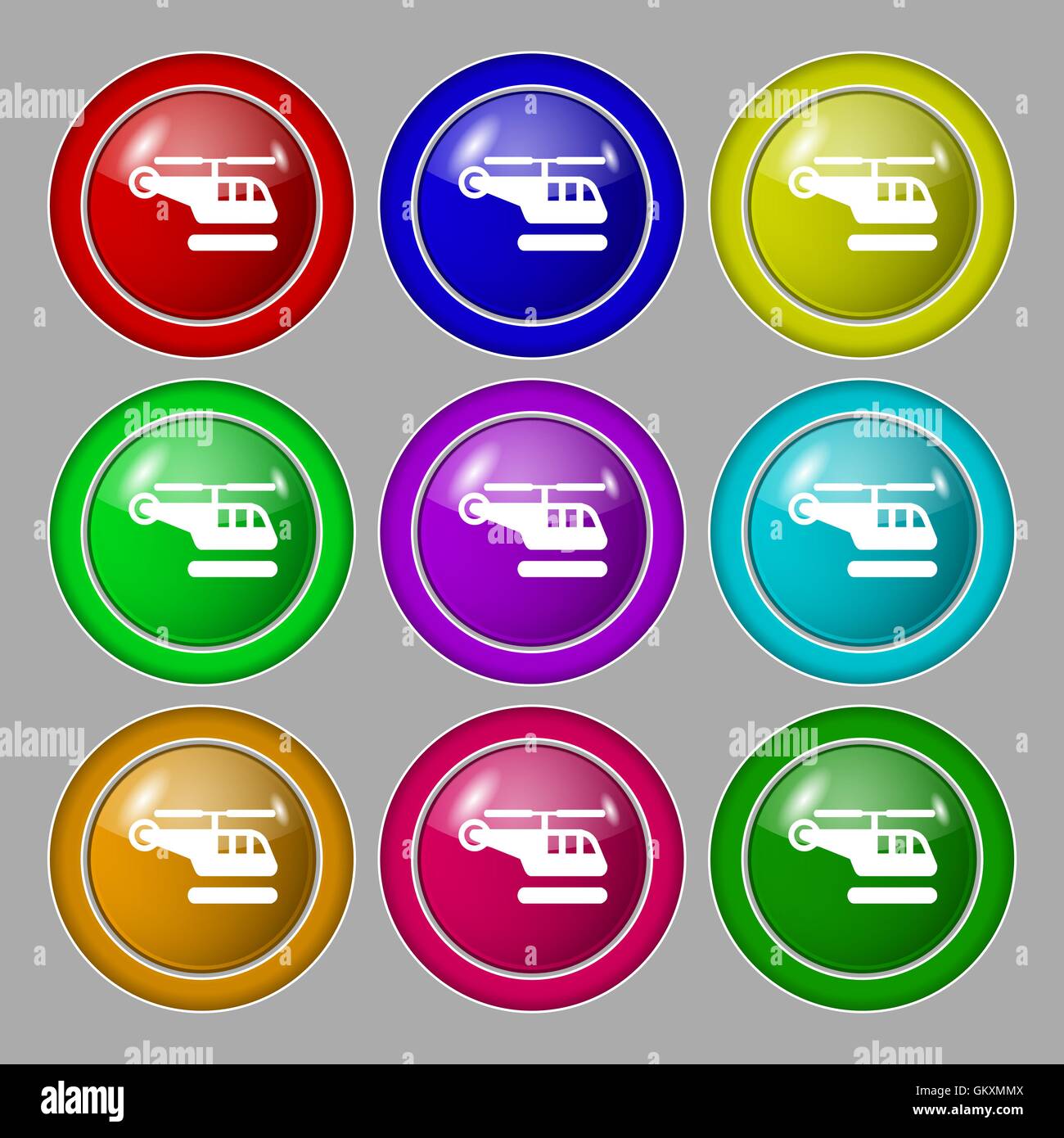 Helikopter-Symbol Zeichen. Symbol auf neun Runden bunten Knöpfen. Vektor Stock Vektor