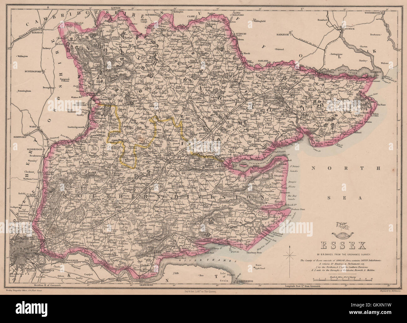 ESSEX. Antike Landkarte county. Eisenbahnen. BR DAVIES, 1863 Stockfoto