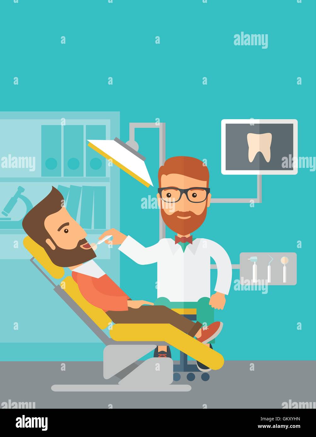 Zahnarzt-Mann untersucht einen Patienten Zähne in der Klinik Stock Vektor