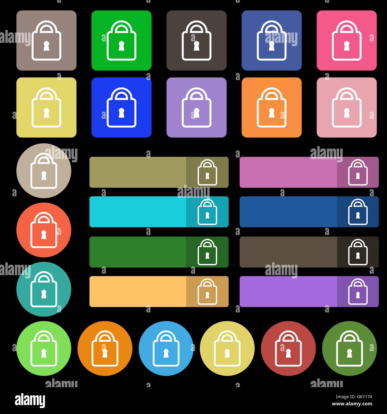 Schloss-Symbol Zeichen. Eingestellt von siebenundzwanzig mehrfarbige flache Schaltflächen. Vektor Stock Vektor