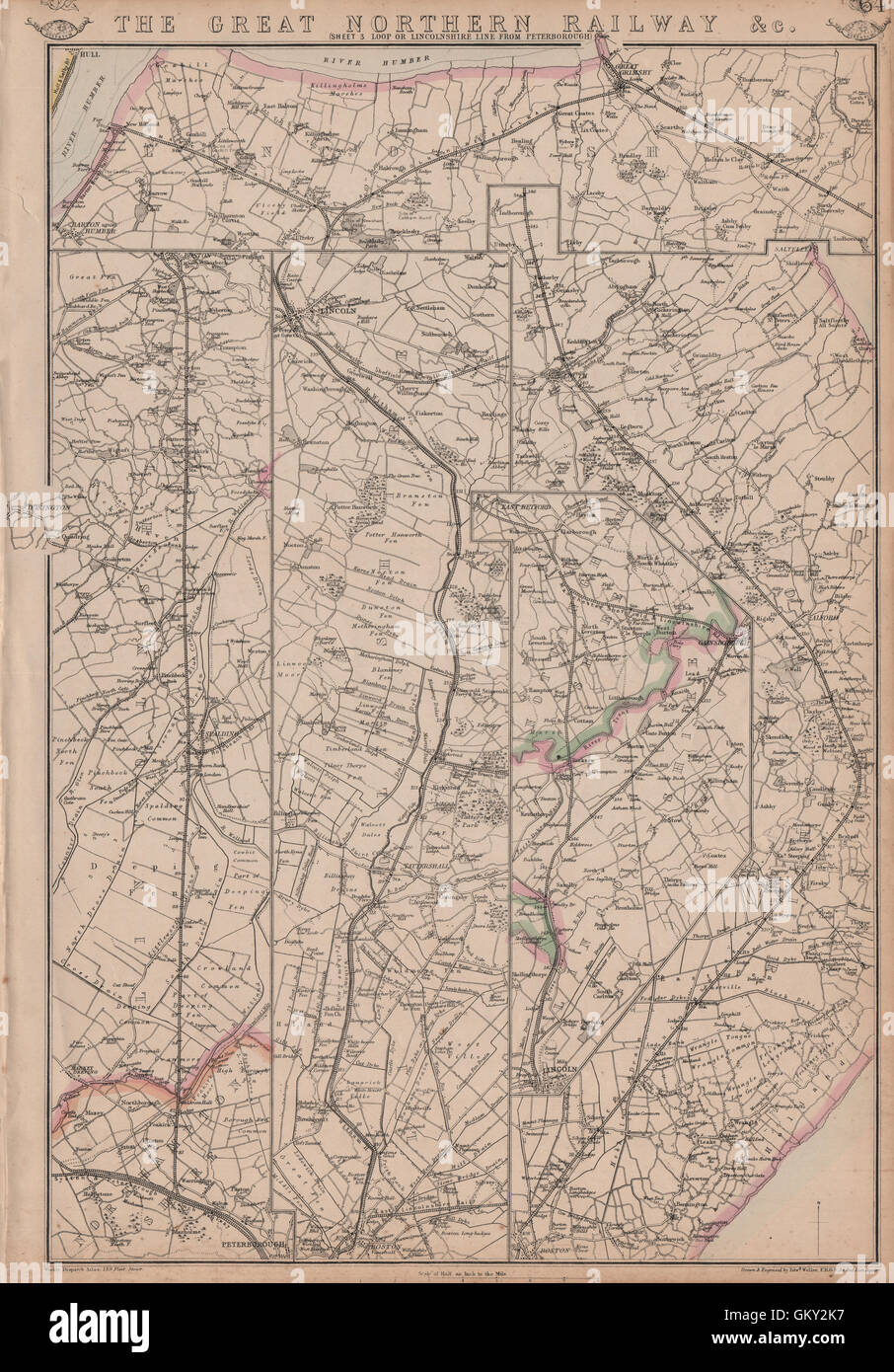 GREAT NORTHERN RAILWAY 3. Schleife/Lincolnshire Linie. Peterborough. WELLER, 1863-Karte Stockfoto