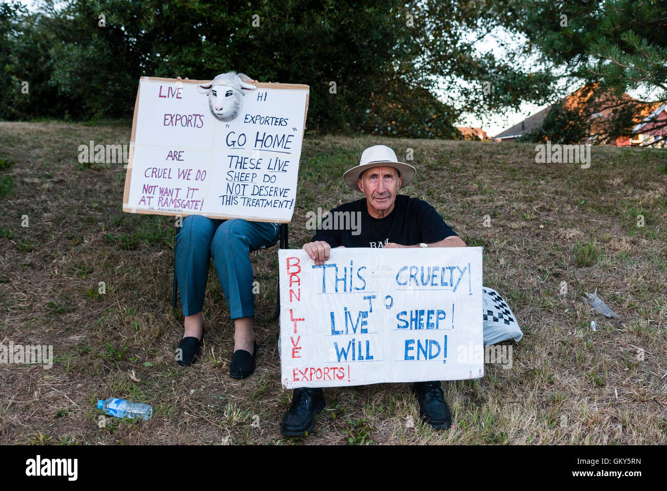 Zwei Leute sitzen Plakate über Grausamkeit auf Schafe und die Ausfuhr lebender Tiere während der Proteste an Ramsgate gegen tierische Ausfuhren von gehalten wird, dass die Stadt in Europa. Stockfoto