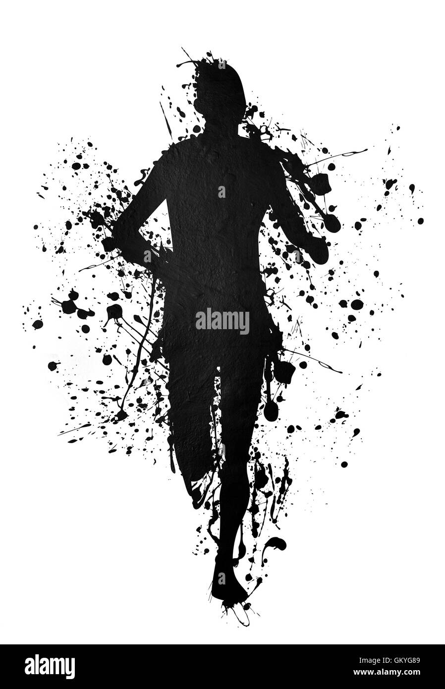 Schwarze Silhouette eines Läufers auf Tinte splatter Stockfoto