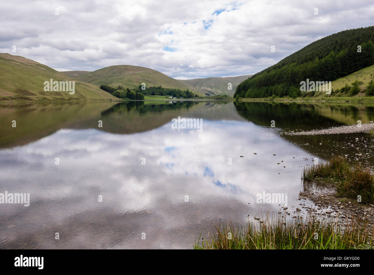 Spiegelt sich der Himmel in Loch Lowes in Schafgarbe Tal im südlichen Hochland an Str. Marys Loch in der Nähe von Selkirk schottischen Grenzen Schottland Stockfoto