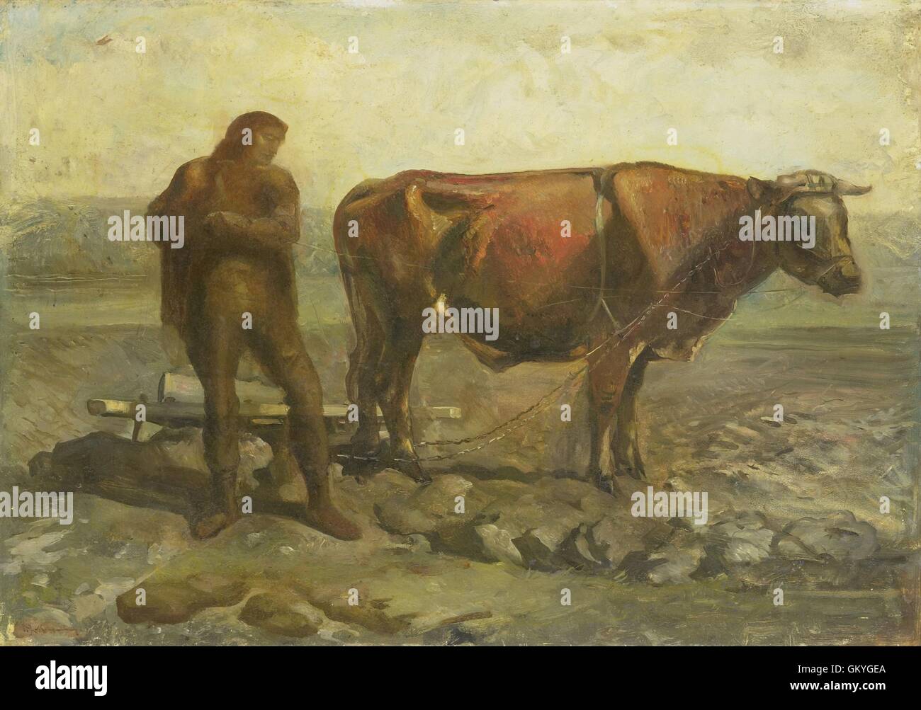 Bauer, c. 1920-40, Ölgemälde auf Platte des niederländischen Künstlers, Willem van Konijnenburg Pflügen. Bauer steht auf einem Felsen übersäte Feld neben einem Ochsen vorgespannt, einen Pflug. (BSLOC 2016 1 10) Stockfoto