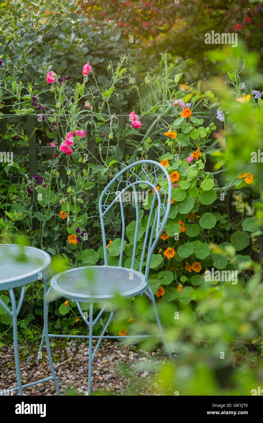 Garten-Sitzplatz Klettern Blumen umgeben. Stockfoto