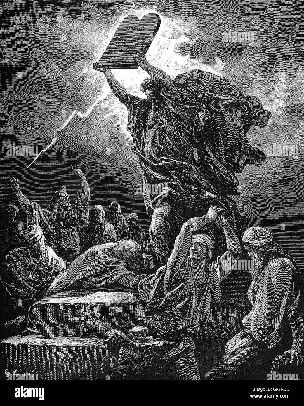 Gravur von Moses die Gesetzestafeln von Gustave Doré zu brechen Stockfoto