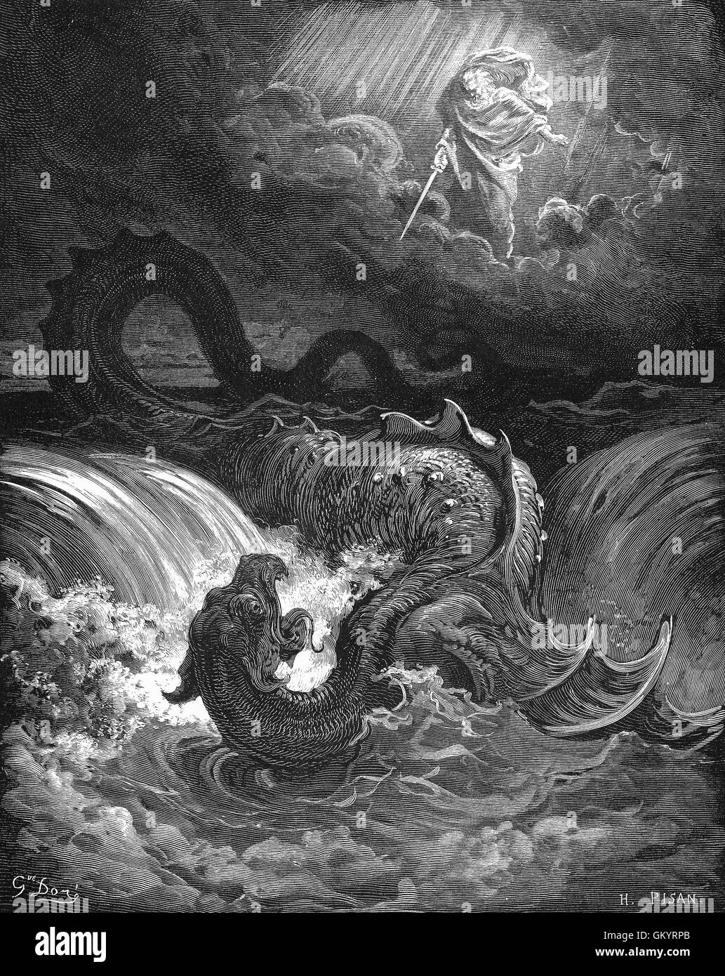 Gravur der Zerstörung des Leviathan von Gustave Doré Stockfoto