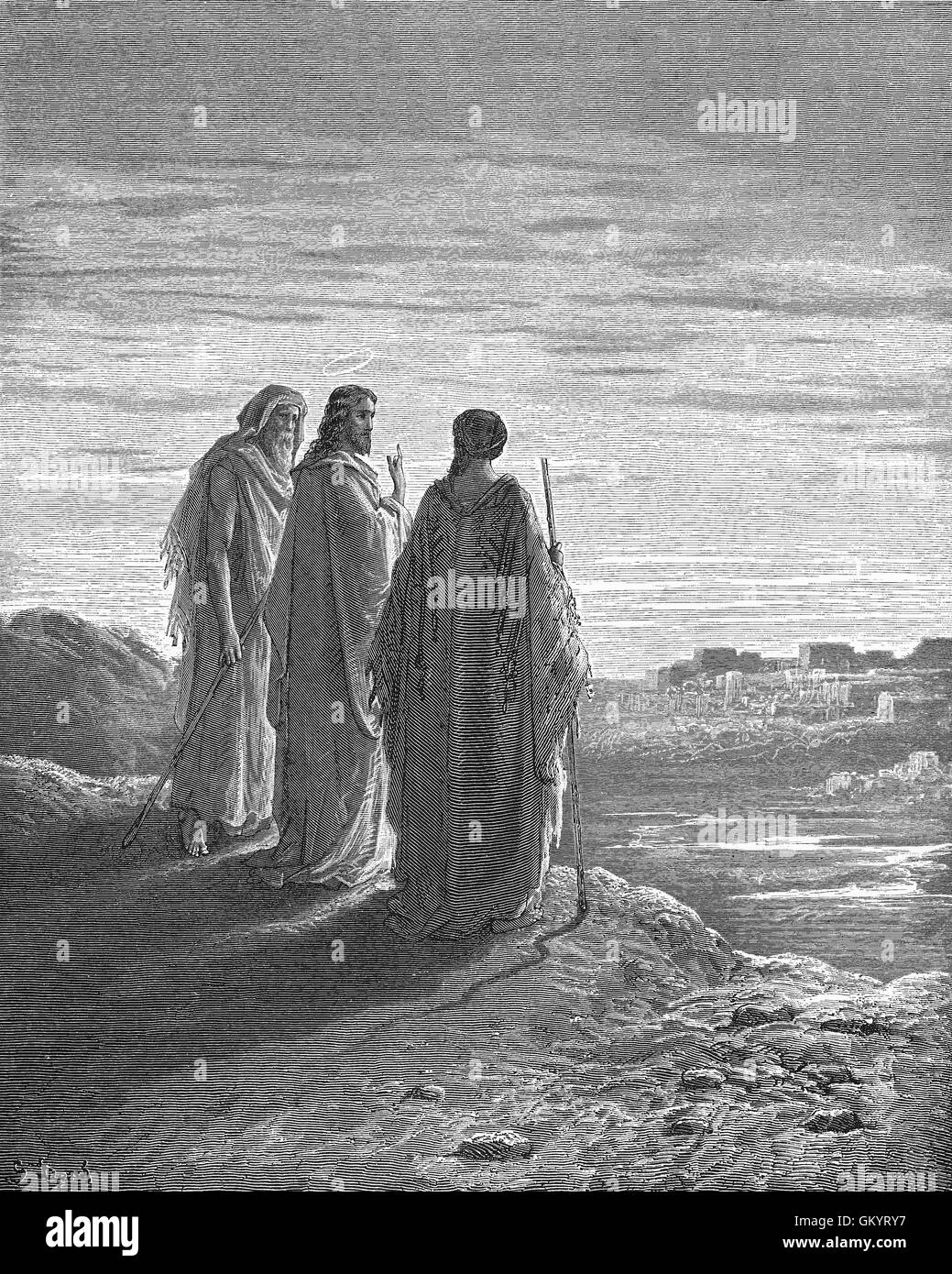 Gravur von Jesus und die Jünger nach Emmaus gehen, von Gustave Doré Stockfoto