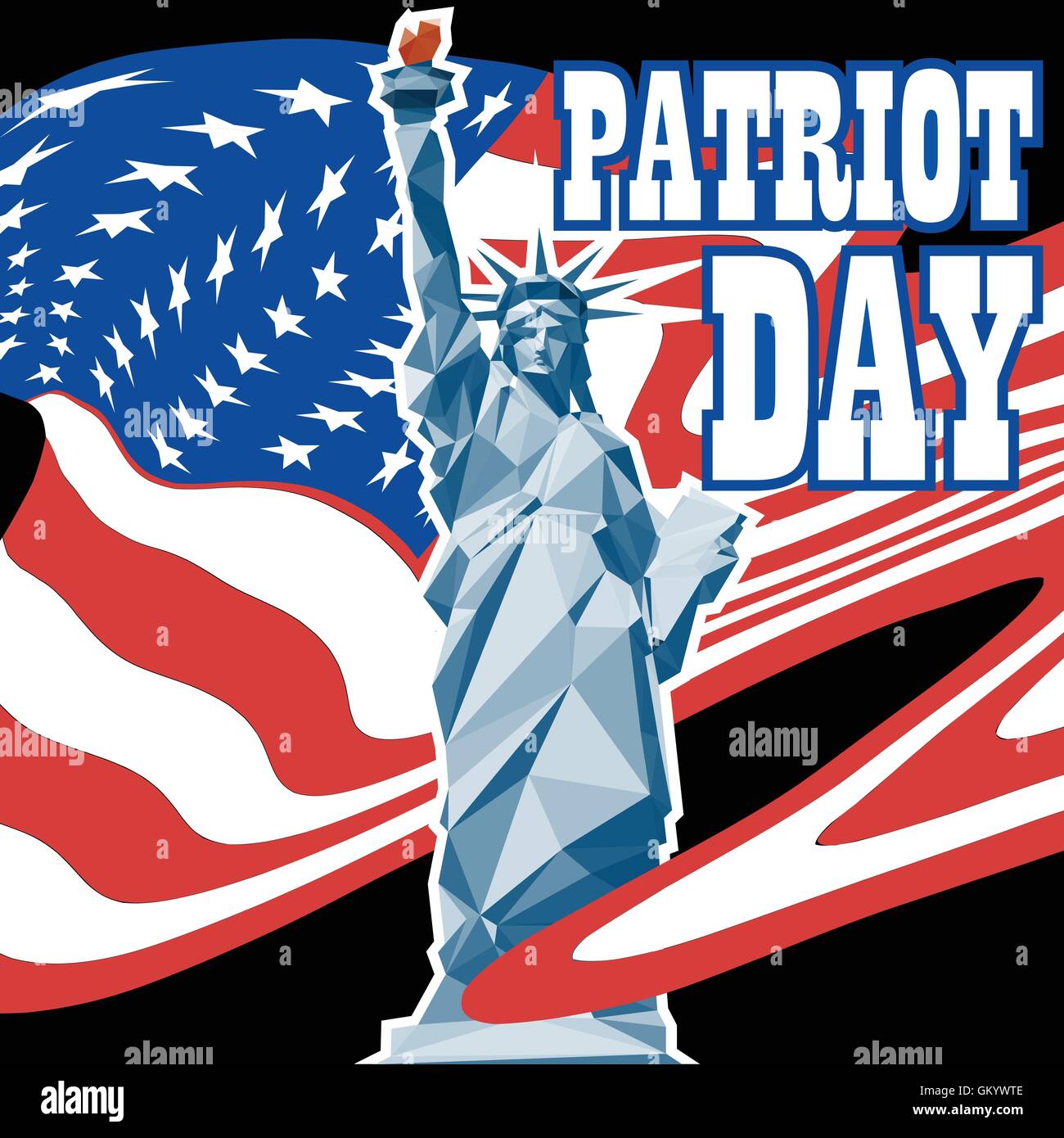 Patriot-Tageskarte mit der Flagge von vereinigt Staaten von Amerika und der Freiheitsstatue. Digitale Vektor-Bild Stock Vektor
