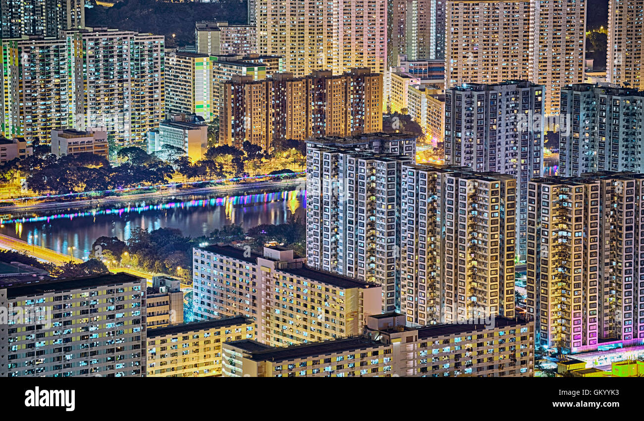 Hong Kong-Nacht, Innenstadt-Bereich Stockfoto