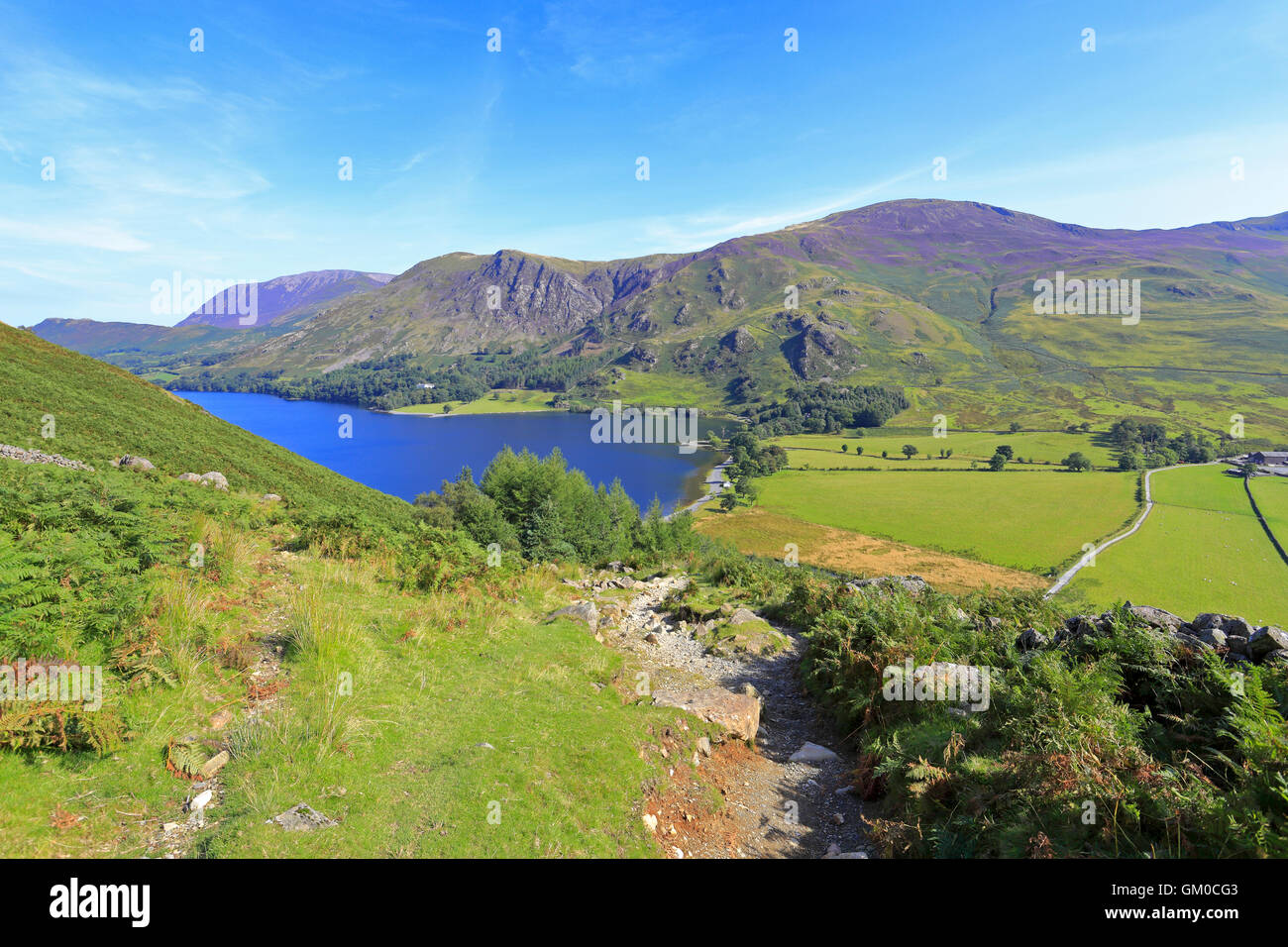 Buttermere und Fells vom Pfad unten Heuhaufen, Cumbria, Nationalpark Lake District, England, UK. Stockfoto
