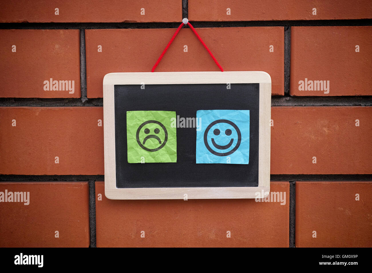 Zwei Notizen auf Papier mit fröhlichen und traurigen Gesichtern auf Tafel. Hautnah. Stockfoto