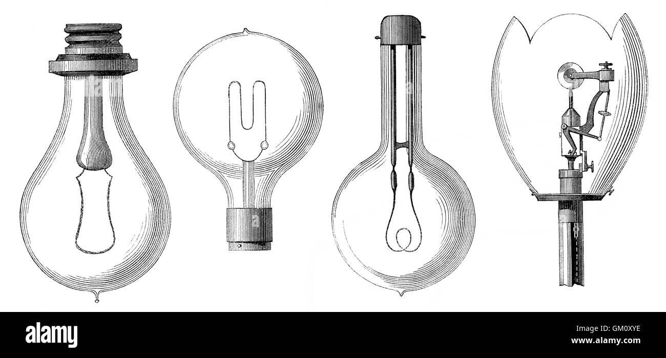 Glühbirne-Modelle von Edison, Maxim, Schwan und Werdermann, 19. Jahrhundert Stockfoto