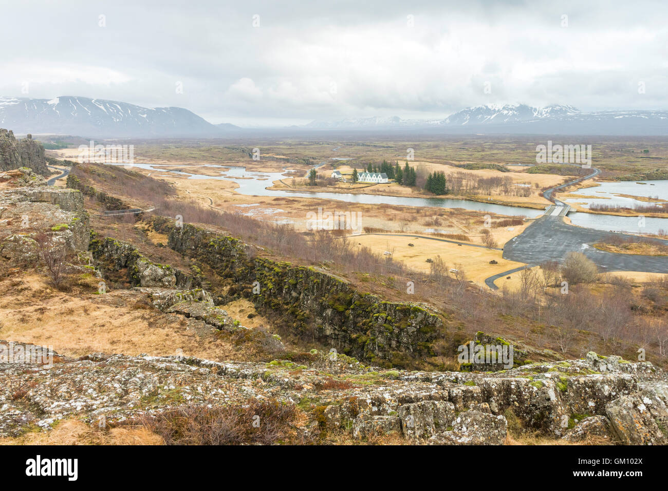 Blick vom in der Nähe der Besucher Zentrum, Nationalpark Þingvellir, Island, ehemalige Website des isländischen Parlaments, 930 bis 1798 N.Chr. Stockfoto