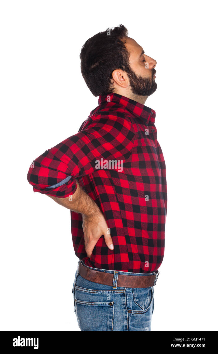 Holzfäller im karierten Hemd mit Rückenschmerzen isoliert auf weißem Hintergrund. Stockfoto