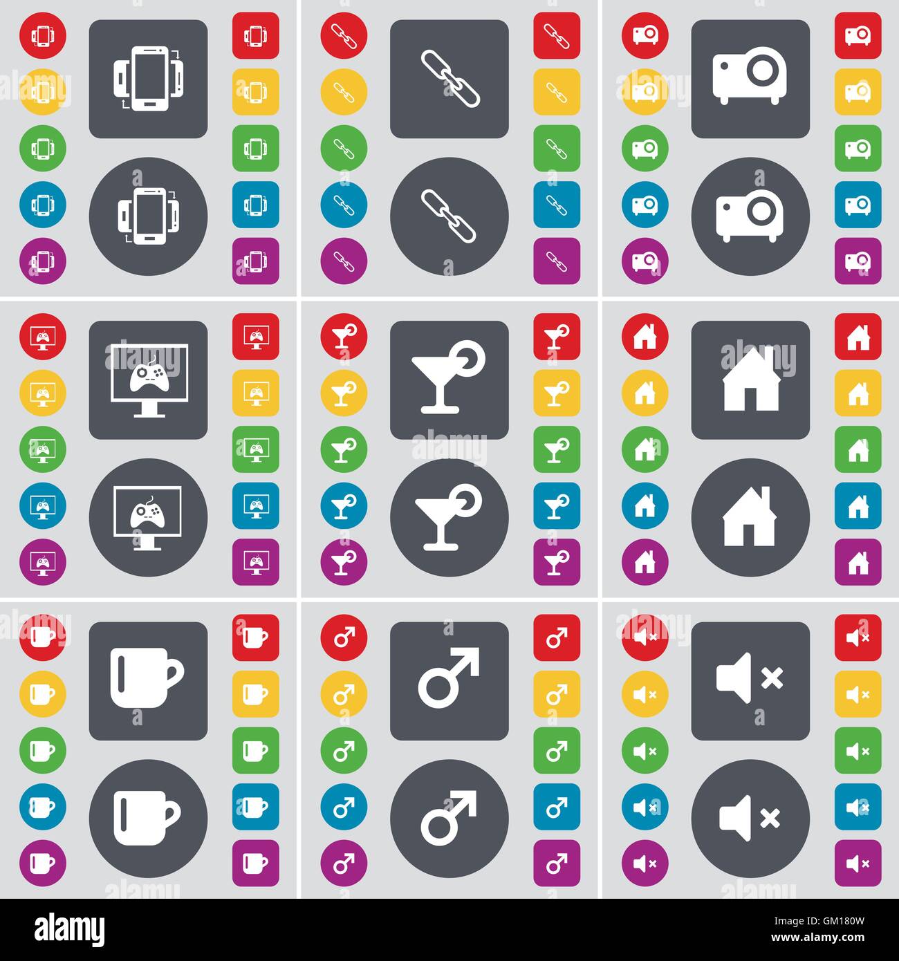 Smartphone, Link, Projektor, Monitor, Cocktail, Haus, Cup, Mars-Symbol, Mute Symbol Symbol. Eine große Anzahl von flachen, farbige Tasten Stock Vektor