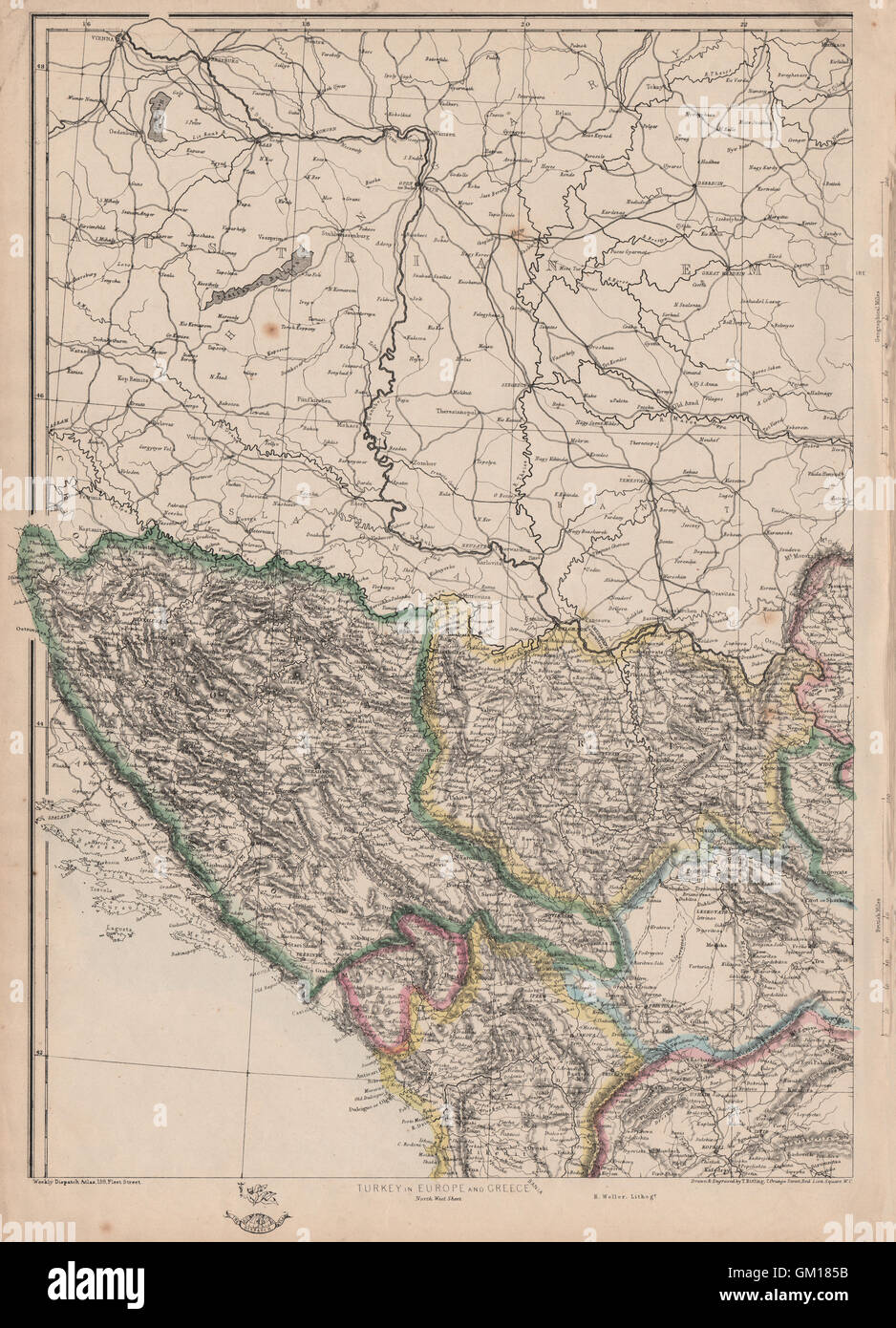 Balkan NW. Bosnien Servia Serbien Montenegro Albanien. ETTLING. Versand, 1863-Karte Stockfoto