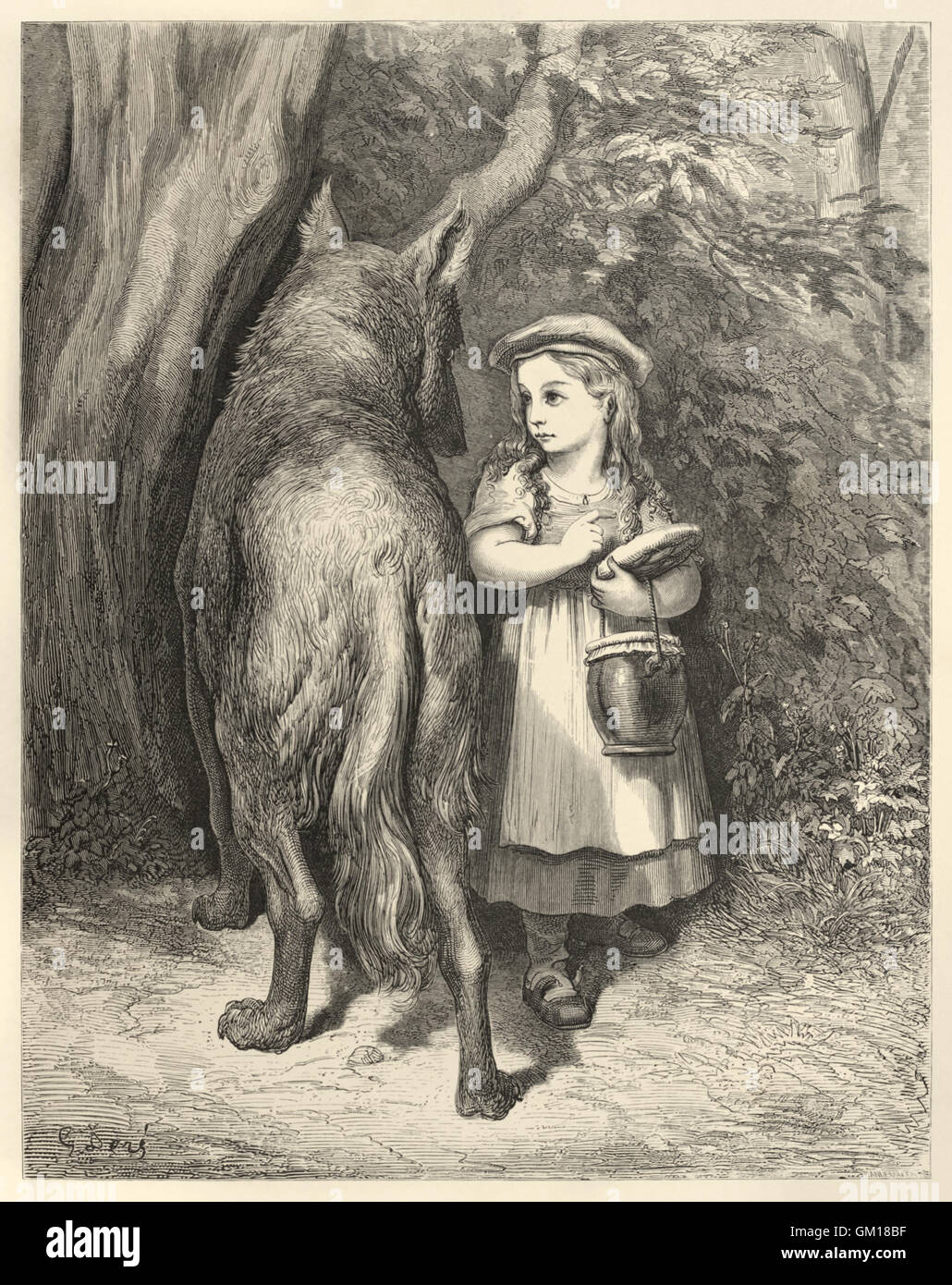 "" Ich werde meine Oma, das Glas zu tragen und diesen Käfig von meiner Mutter. " "In der Tat! "Ist es weit?" Illustration aus "Little Red Riding Hood" von Paul Gustave Doré (1832-1883). Siehe Beschreibung für mehr Informationen. Stockfoto