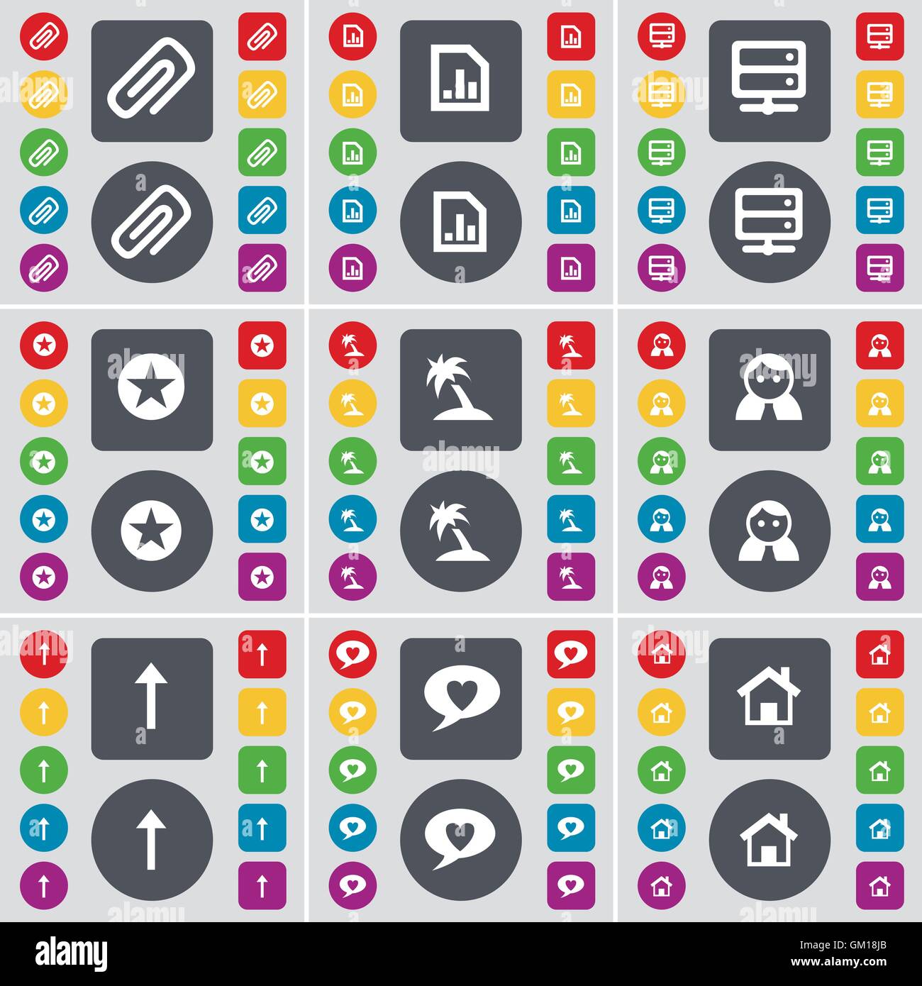 Clip, Diagrammdatei, Server, Star, Palm, Avatar, Pfeil nach oben, Sprechblase, Haus-Symbol-Symbol. Eine große Anzahl von flachen, farbigen Tasten f Stock Vektor