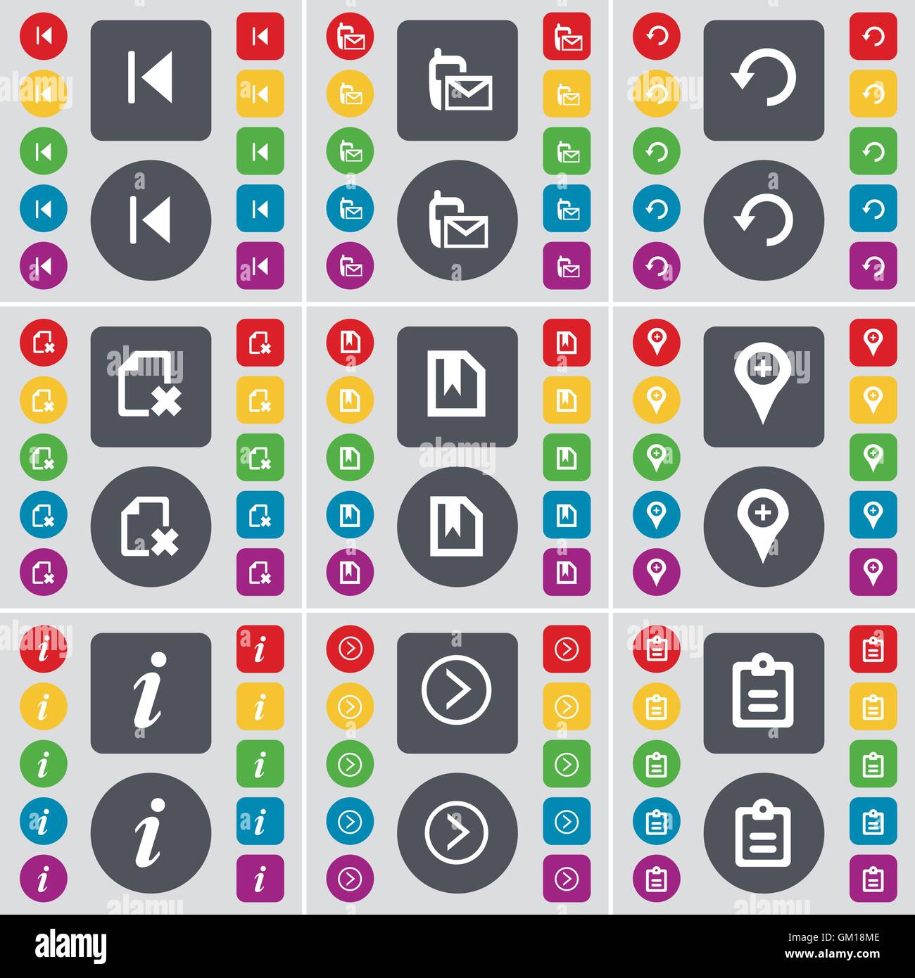 Medien überspringen, SMS, Laden, Datei, Checkpoint, Informationen, Pfeil rechts, Umfrage Symbol. Eine große Auswahl an flache, farbige Schaltflächen für Ihre Konstruktion. Vektor Stock Vektor