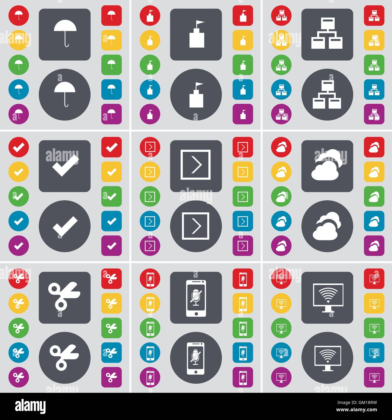 Regenschirm, Flagge Tower, Netzwerk, Häkchen, Pfeil rechts, Cloud, Schere, Smartphone, Monitor Symbol. Eine große Auswahl an flache, farbige Schaltflächen für Ihre Konstruktion. Vektor Stock Vektor