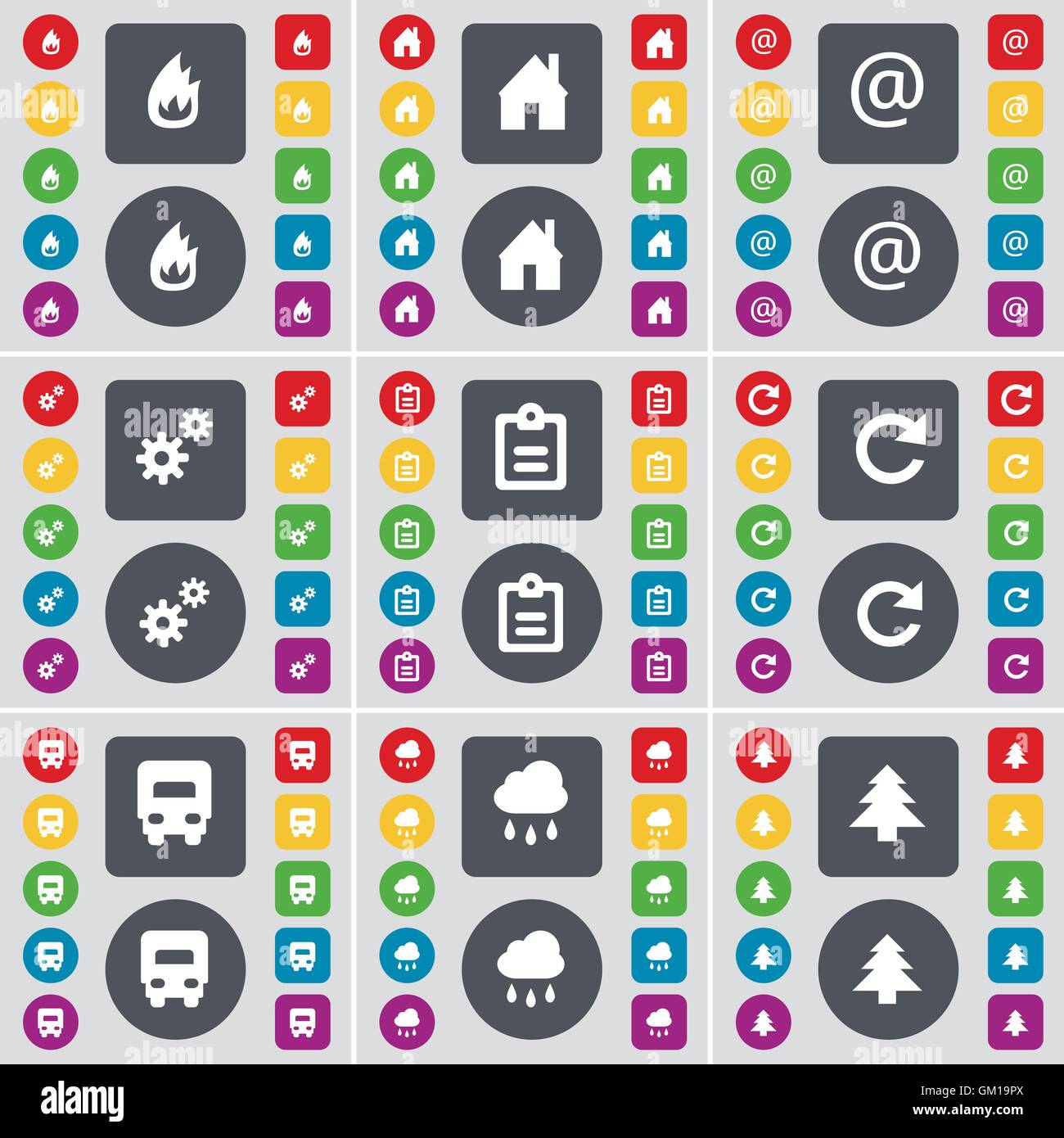 Feuer, Haus, Mail, Gang, Umfrage, Laden, Lkw, Cloud, Firtree Symbol. Eine große Auswahl an flache, farbige Schaltflächen für Ihre Konstruktion. Vektor Stock Vektor